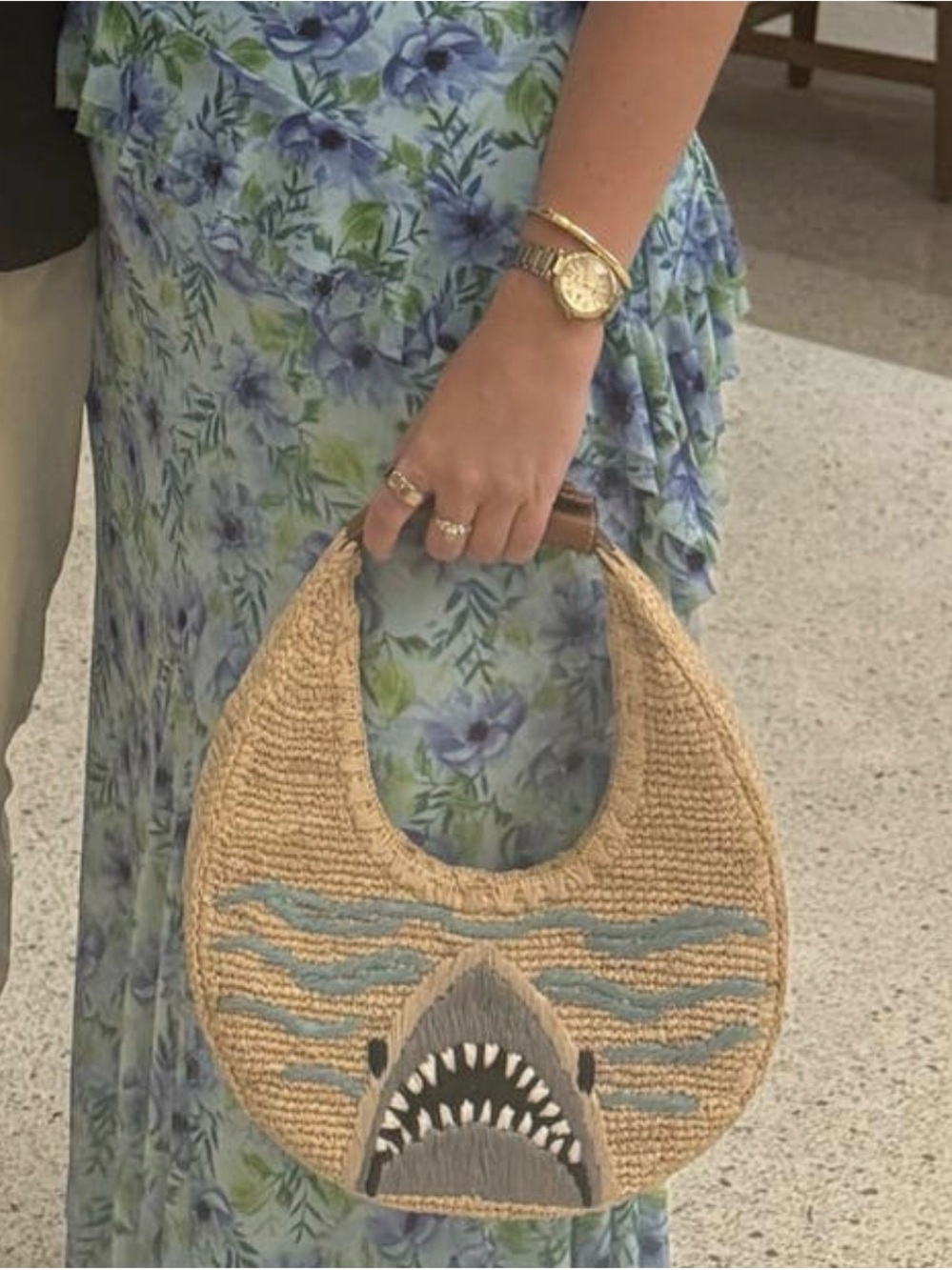 Staud Accessories Moon Tote - Woven Straw Shark Appliqué Bucket Bag - Picture 3 of 6